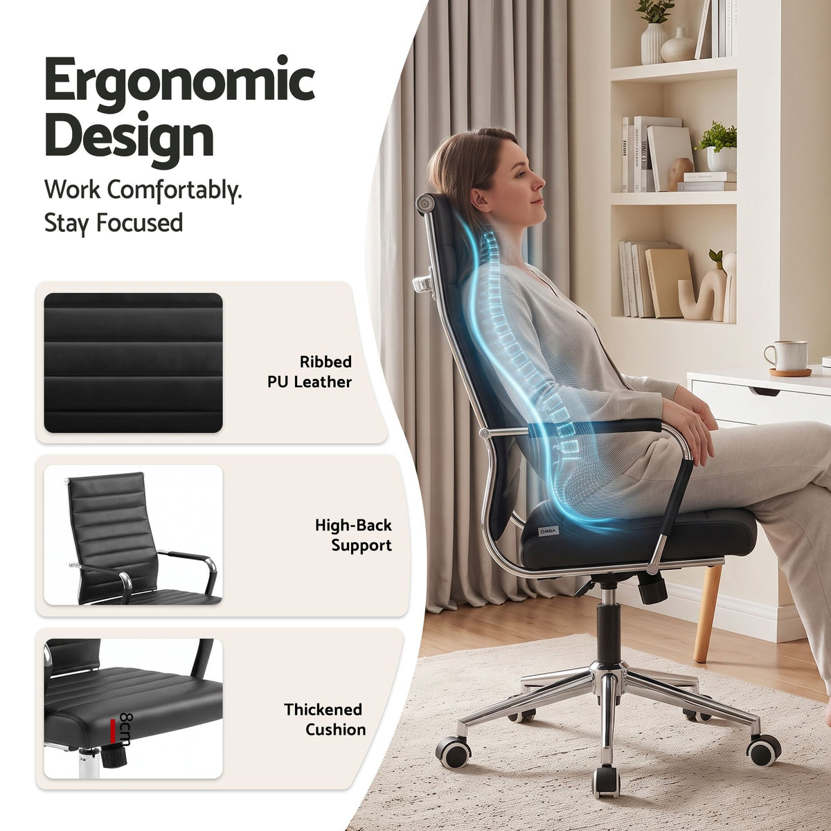 Artiss High Back Ribbed PU Leather Office Chair Black