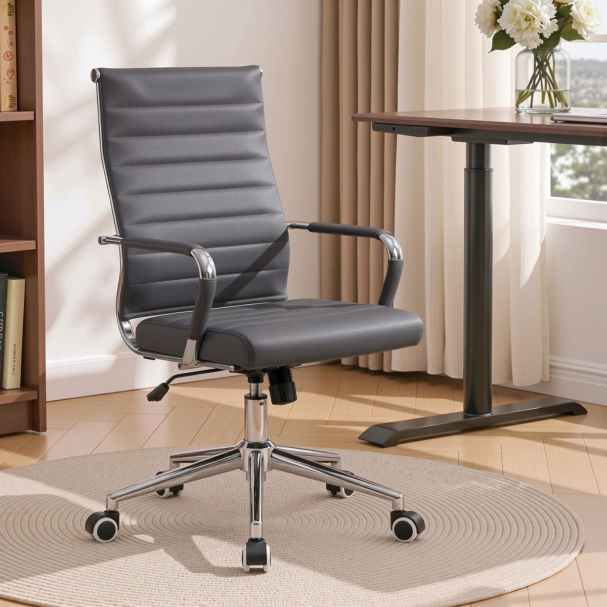 Artiss High Back Ribbed PU Leather Office Chair Grey