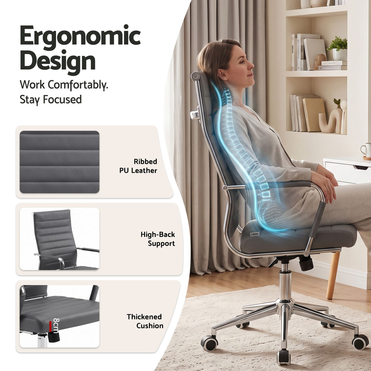 Artiss High Back Ribbed PU Leather Office Chair Grey