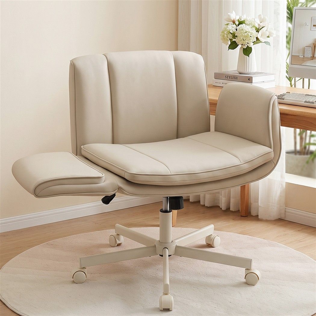 Artiss Cross Legged Office Chair PU Leather Swivel Vanity Chair Wide Seat Adjustable Arms Beige