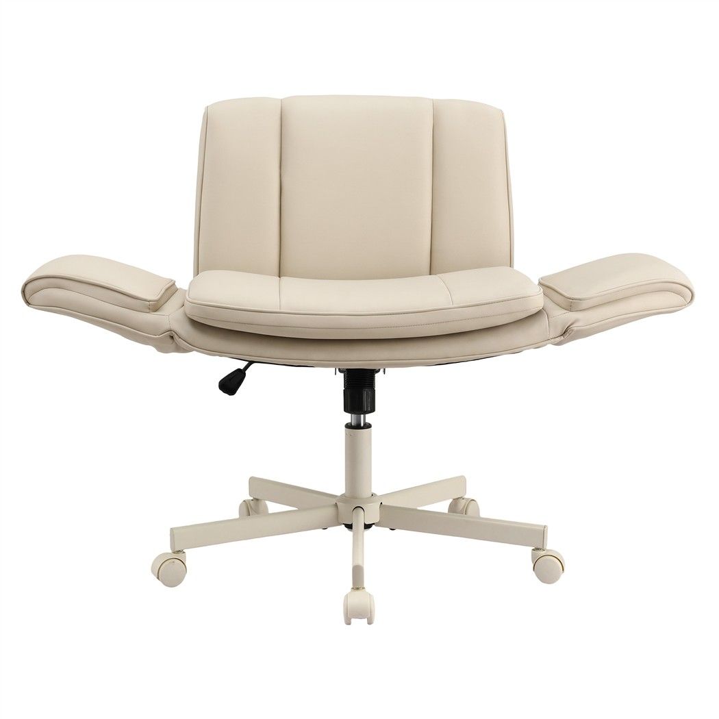 Artiss Cross Legged Office Chair PU Leather Swivel Vanity Chair Wide Seat Adjustable Arms Beige