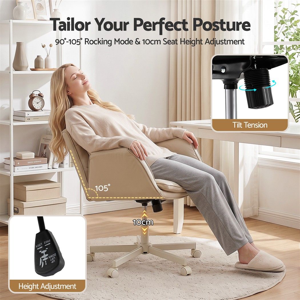 Artiss Cross Legged Office Chair PU Leather Swivel Vanity Chair Wide Seat Adjustable Arms Beige