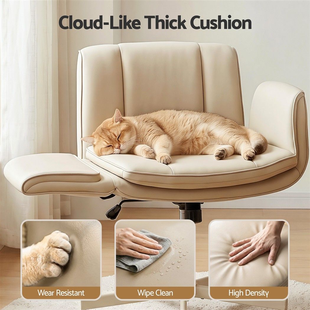 Artiss Cross Legged Office Chair PU Leather Swivel Vanity Chair Wide Seat Adjustable Arms Beige