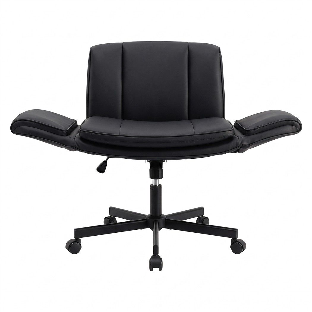 Artiss Cross Legged Office Chair PU Leather Swivel Vanity Chair Wide Seat Adjustable Arms Black