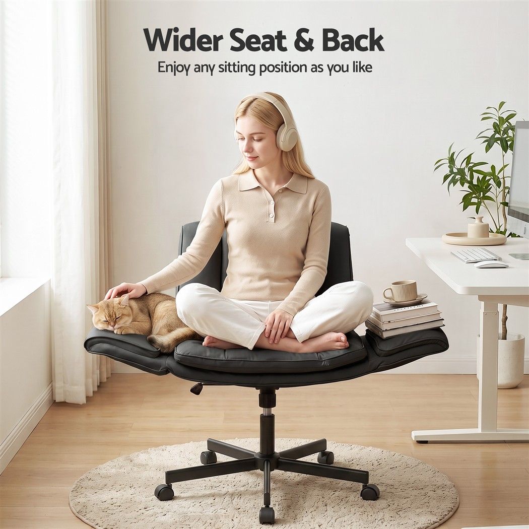 Artiss Cross Legged Office Chair PU Leather Swivel Vanity Chair Wide Seat Adjustable Arms Black