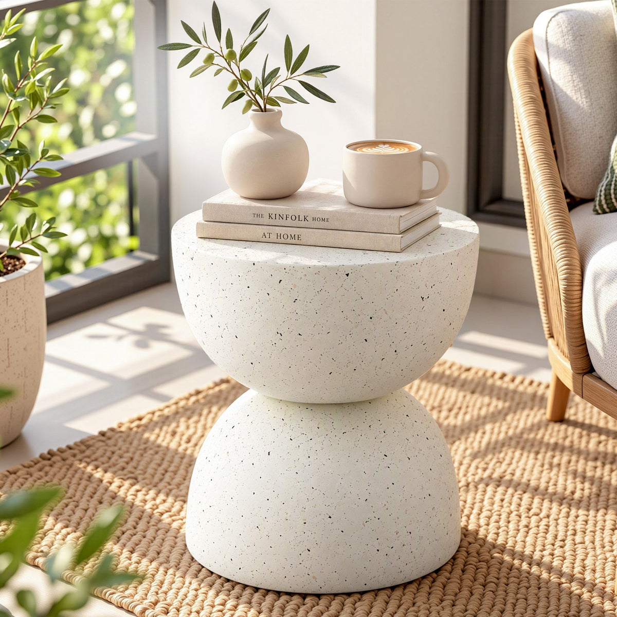 Gardeon Hourglass Outdoor Side Table 42cm White Terrazzo Look
