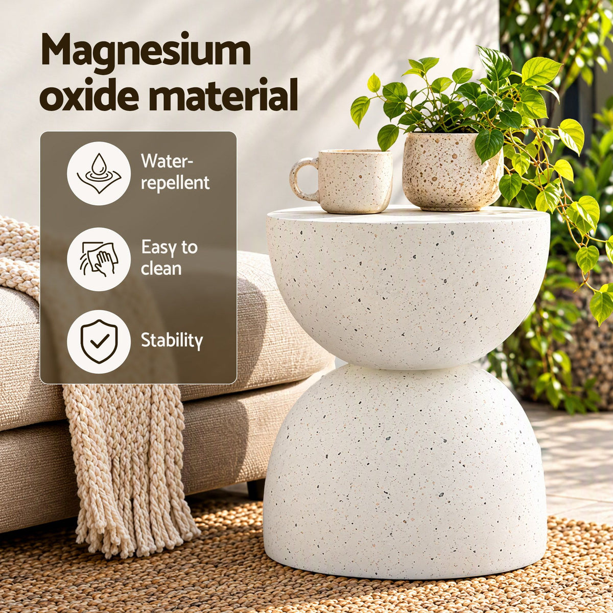 Gardeon Hourglass Outdoor Side Table 42cm White Terrazzo Look