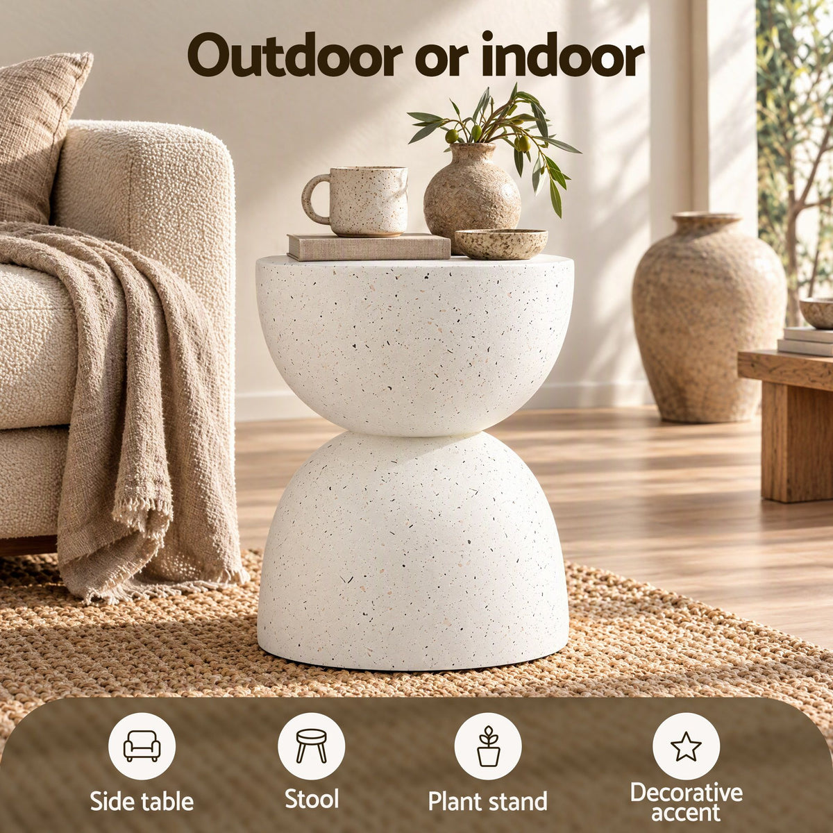Gardeon Hourglass Outdoor Side Table 42cm White Terrazzo Look