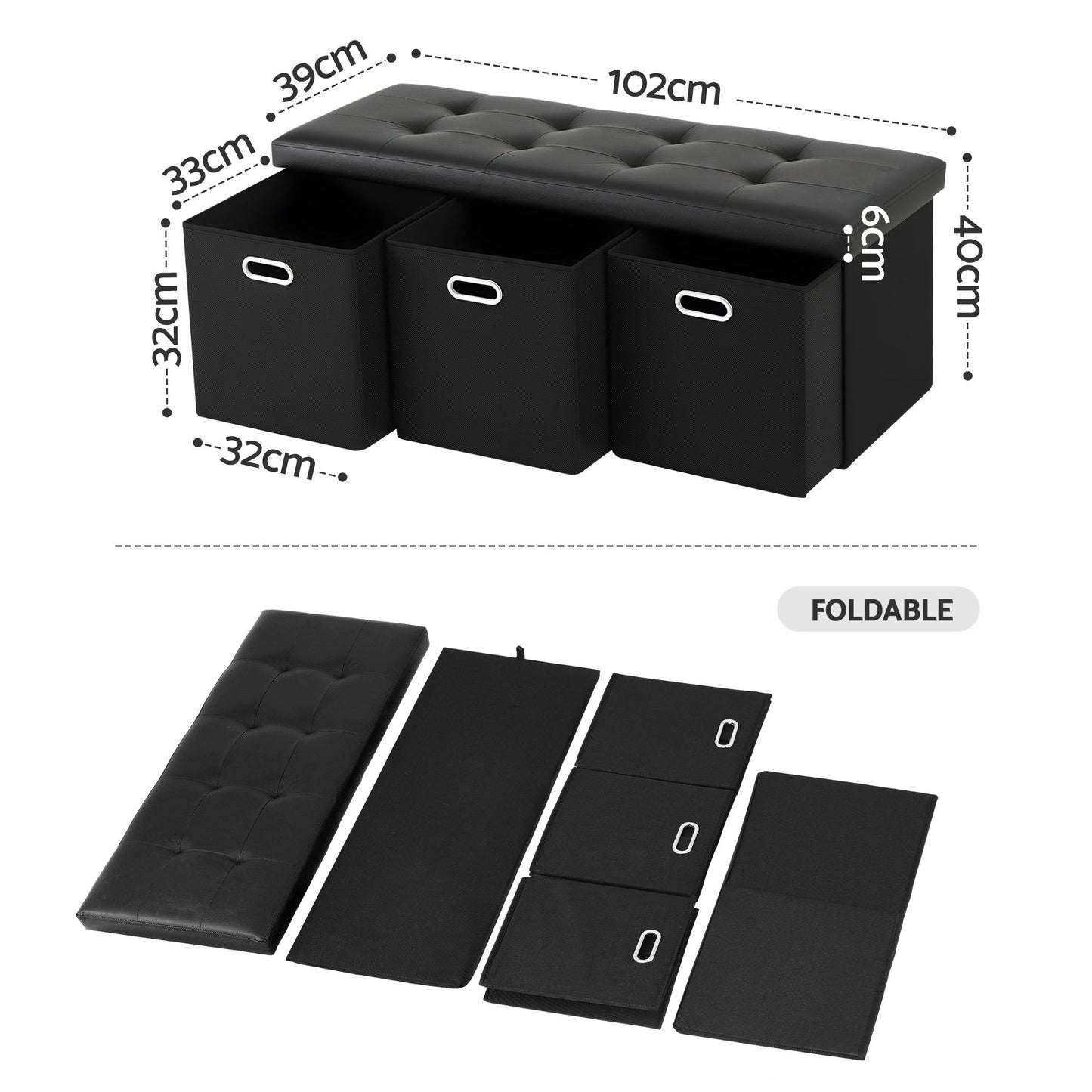 Artiss Storage Ottoman with 3 Drawers - Black