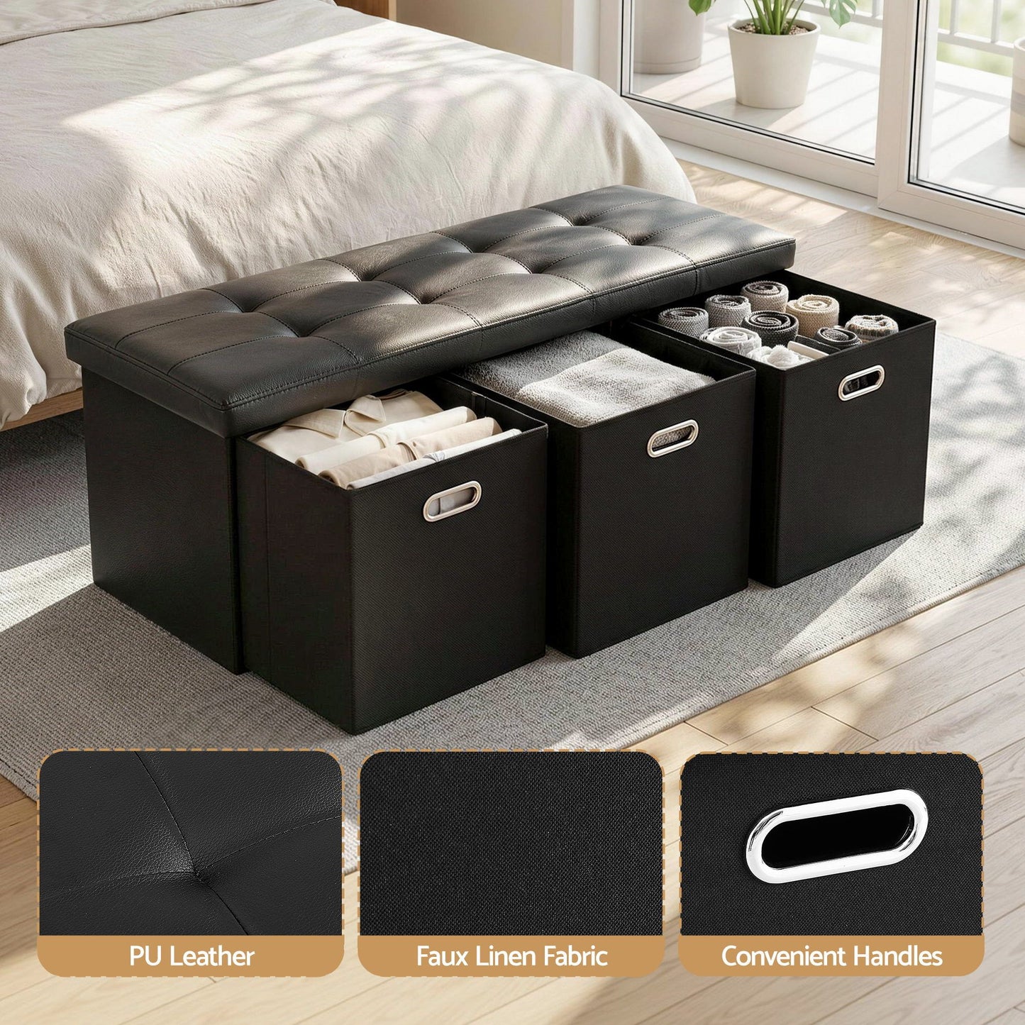 Artiss Storage Ottoman with 3 Drawers - Black