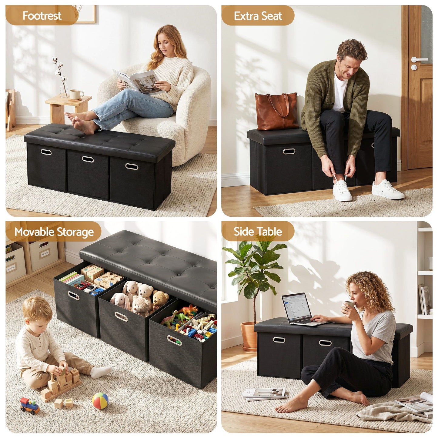 Artiss Storage Ottoman with 3 Drawers - Black