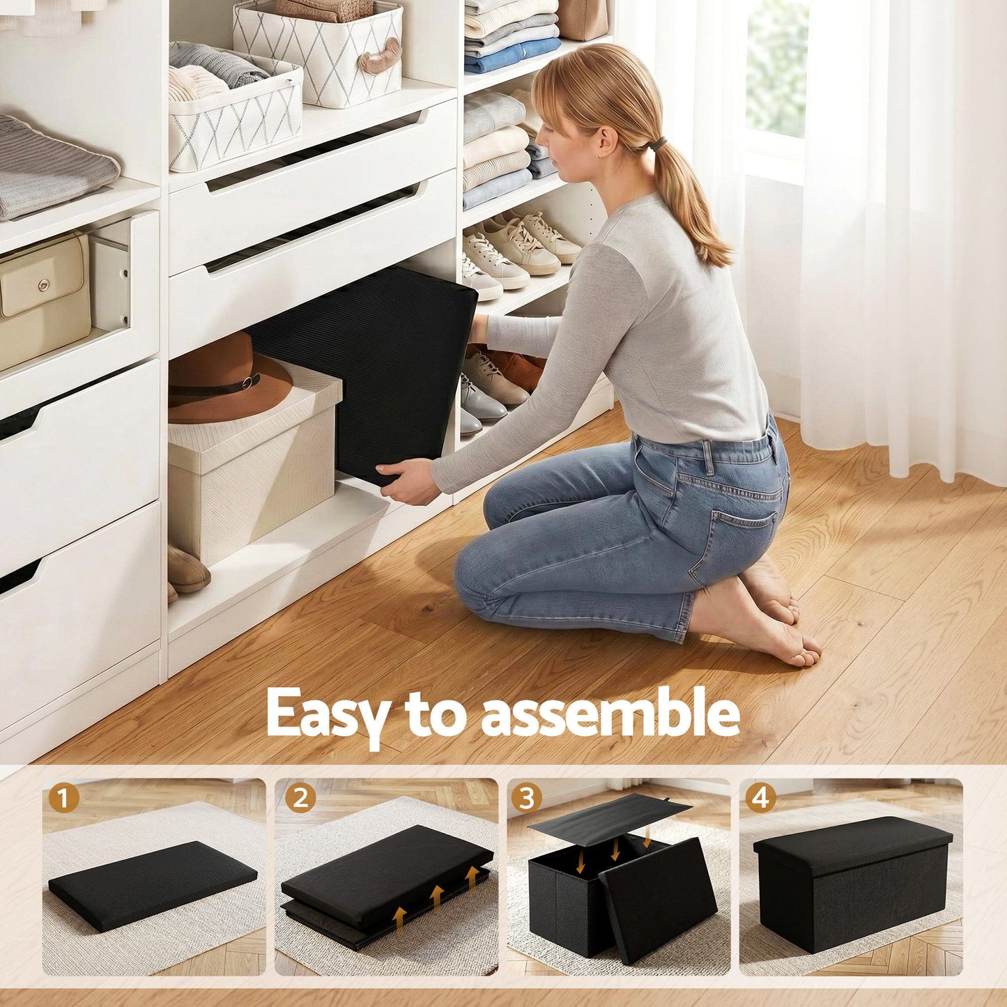 Artiss Folding Storage Ottoman Bench - Black