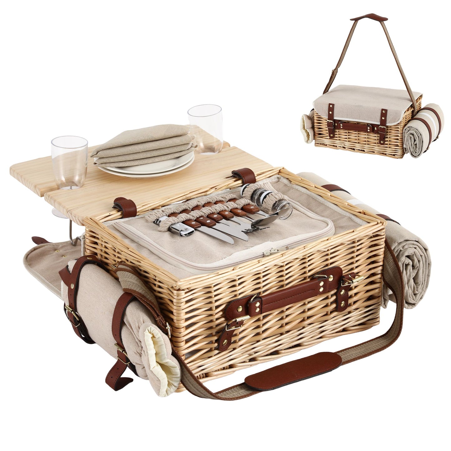 Alfresco 2 Person Insulated Picnic Basket Set with Foldable Wood Table Mat