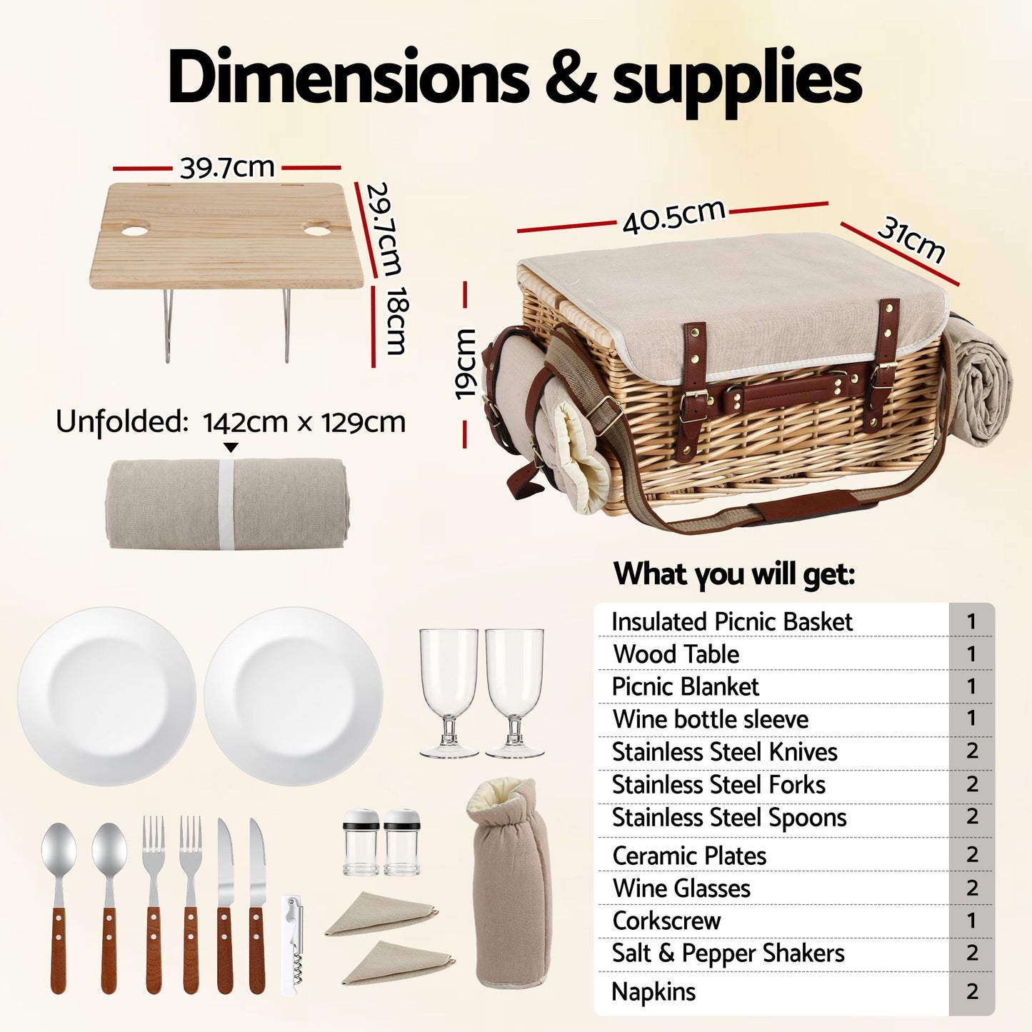 Alfresco 2 Person Insulated Picnic Basket Set with Foldable Wood Table Mat