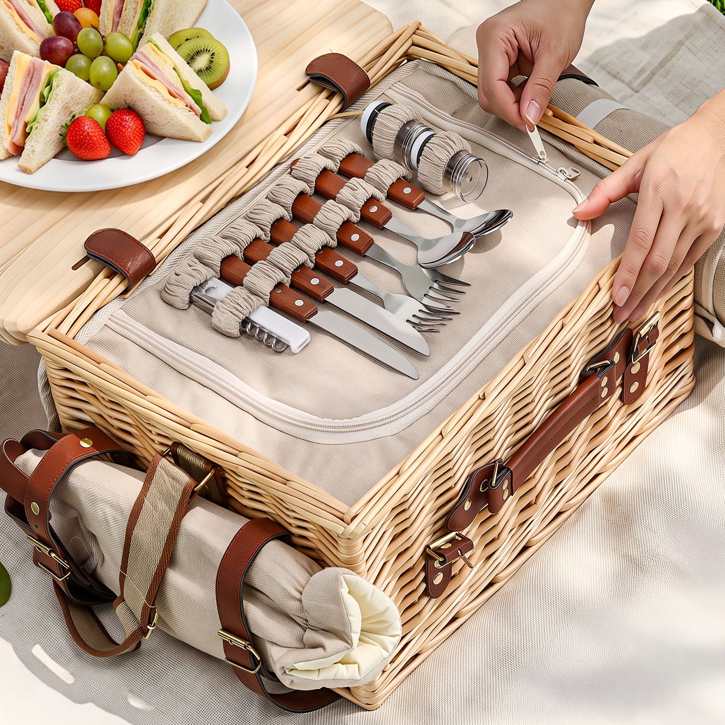Alfresco 2 Person Insulated Picnic Basket Set with Foldable Wood Table Mat