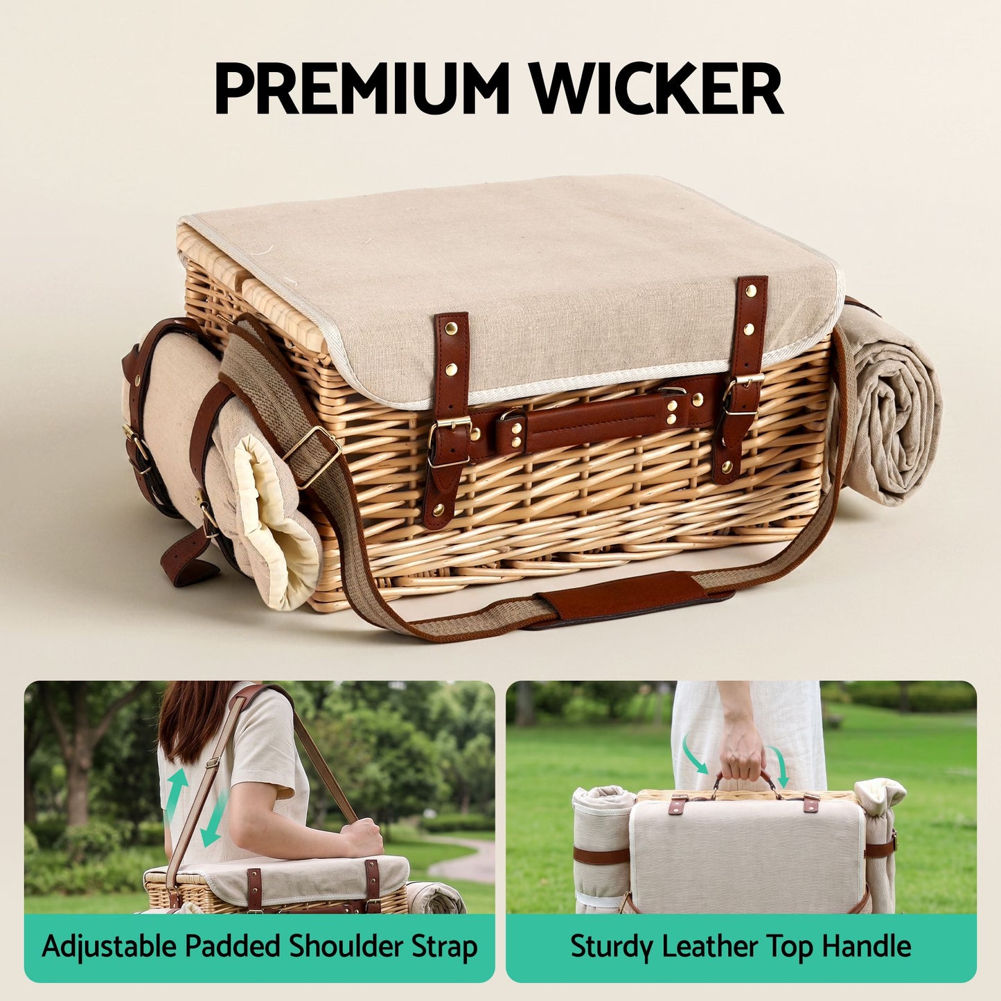 Alfresco 2 Person Insulated Picnic Basket Set with Foldable Wood Table Mat
