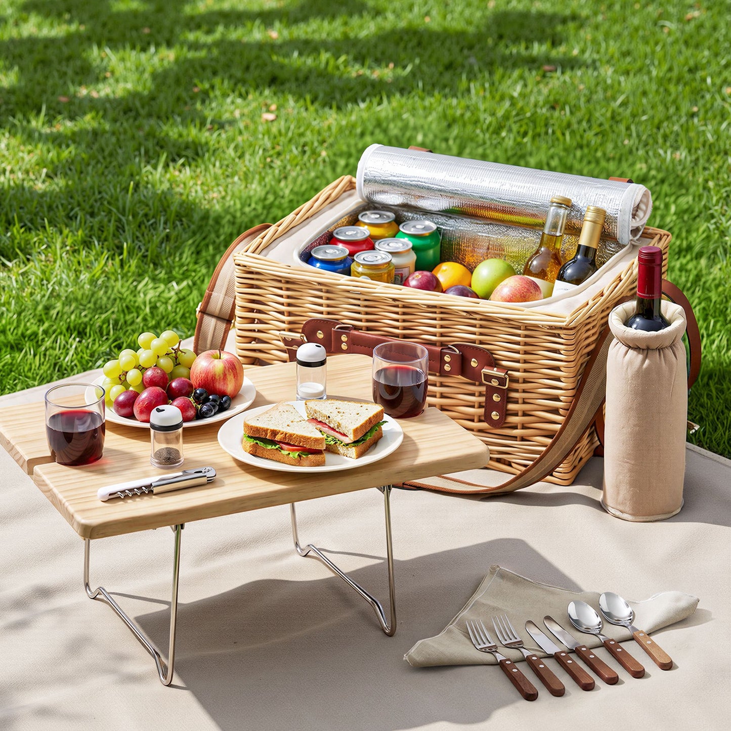 Alfresco 2 Person Insulated Picnic Basket Set with Foldable Wood Table Mat