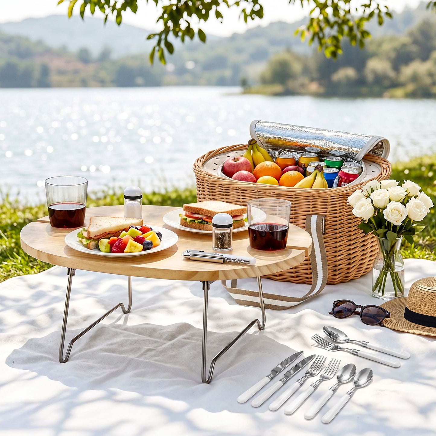 Alfresco 2 Person Insulated Picnic Basket Set with Foldable Wood Table