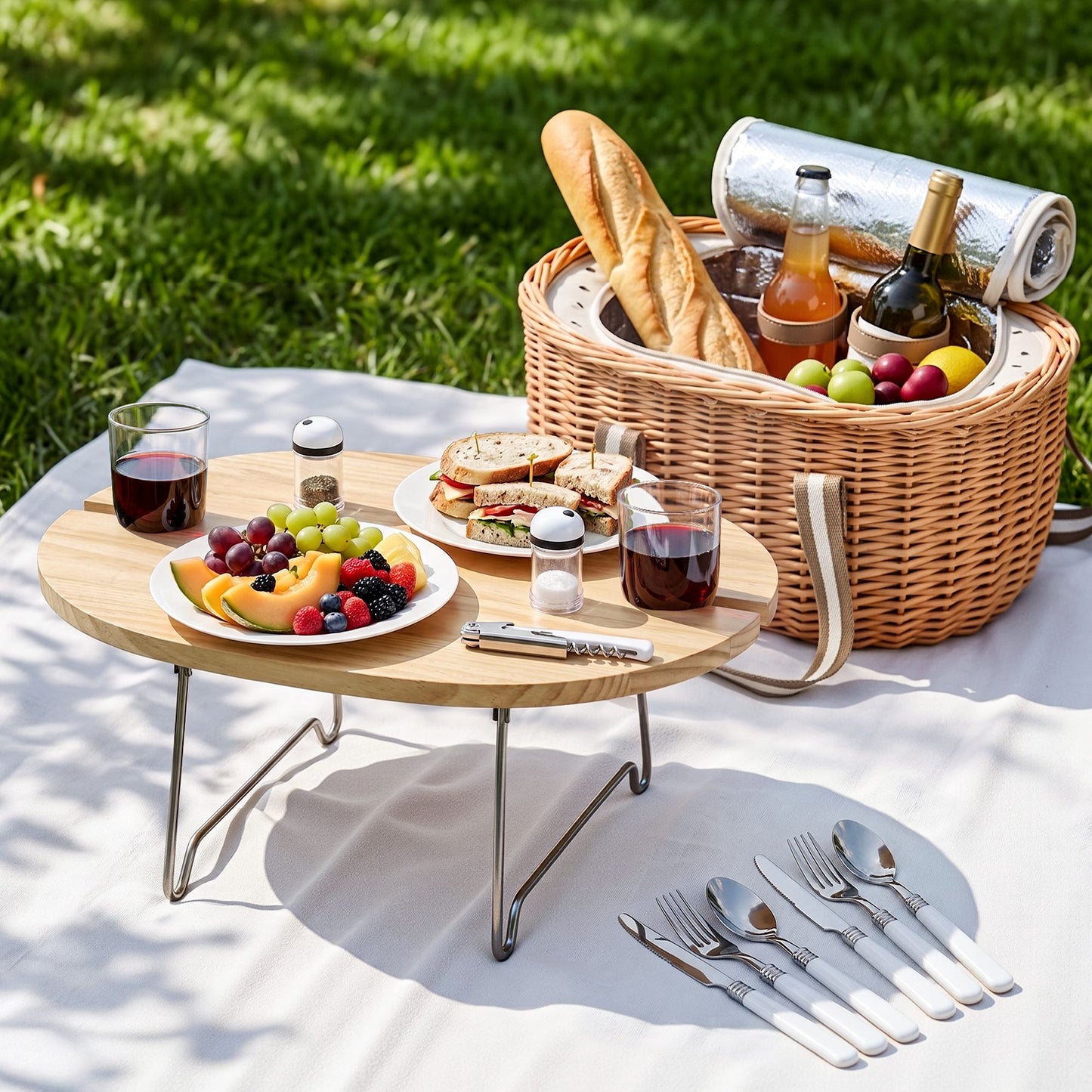 Alfresco 2 Person Insulated Picnic Basket Set with Foldable Wood Table