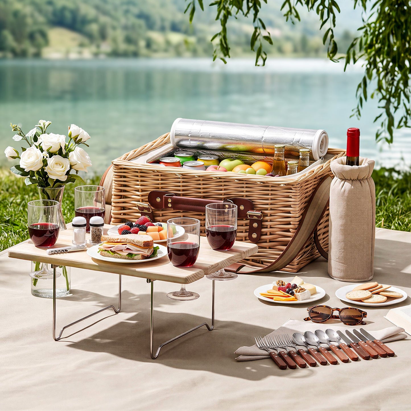 Alfresco 4 Person Insulated Picnic Basket Set with Foldable Wood Table Mat