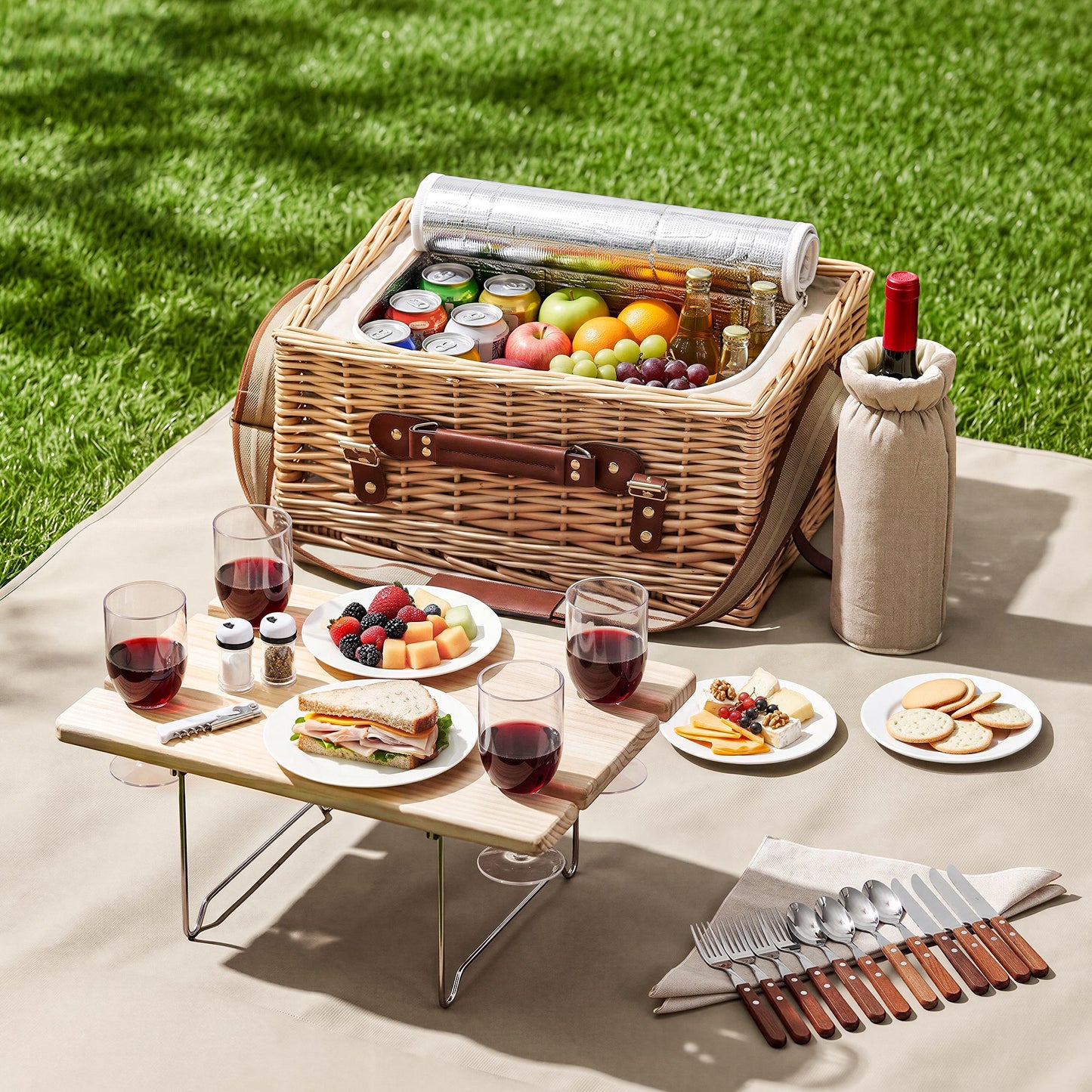 Alfresco 4 Person Insulated Picnic Basket Set with Foldable Wood Table Mat