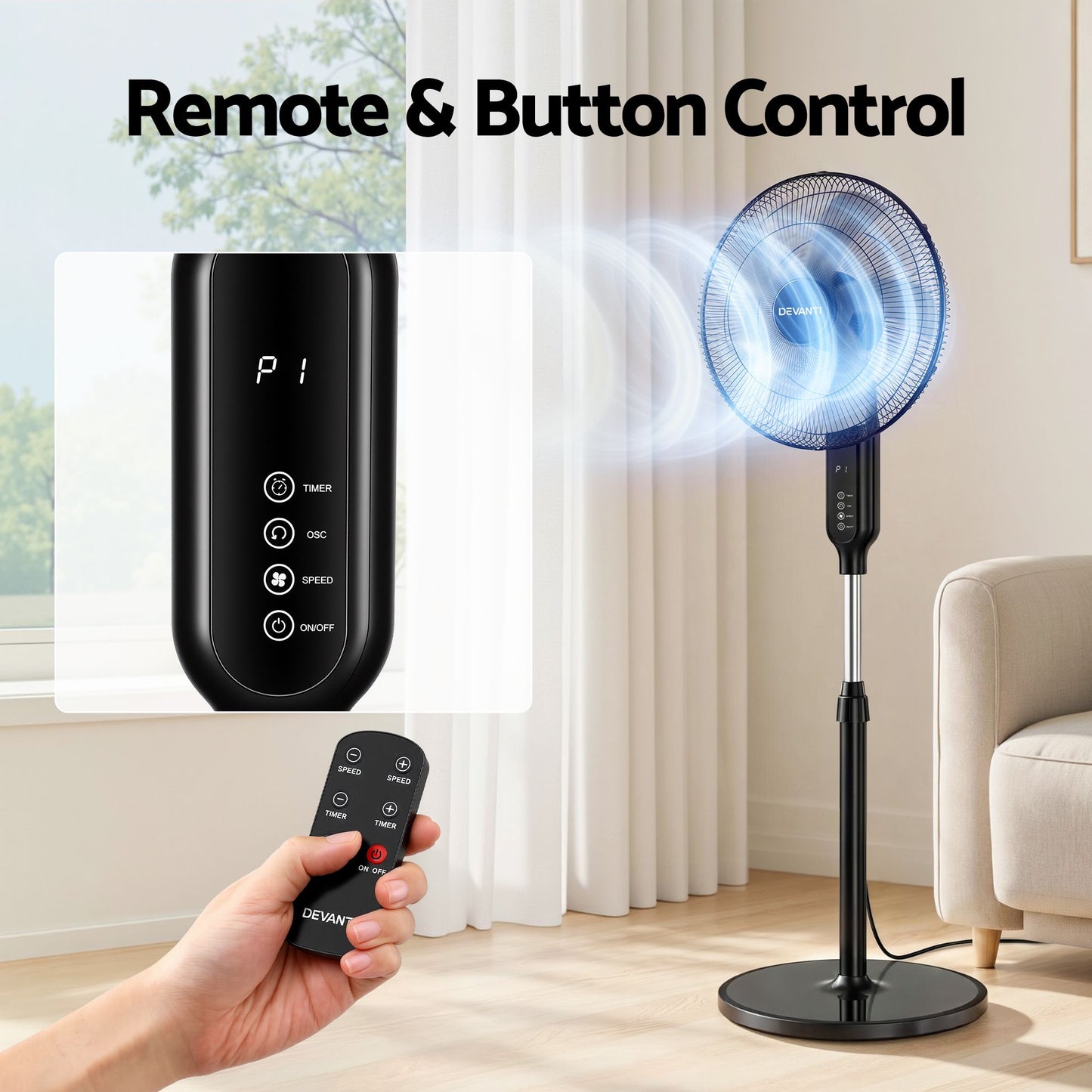 Devanti 16-inch Pedestal Fan with Remote - Black