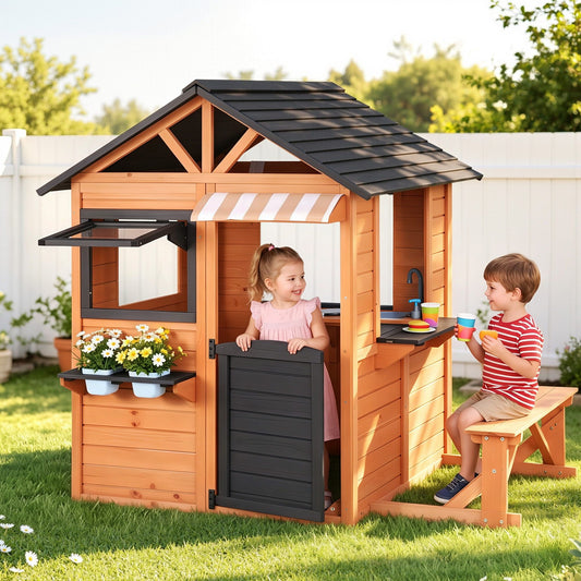 Keezi Wooden Kids Cubby House with Play Kitchen