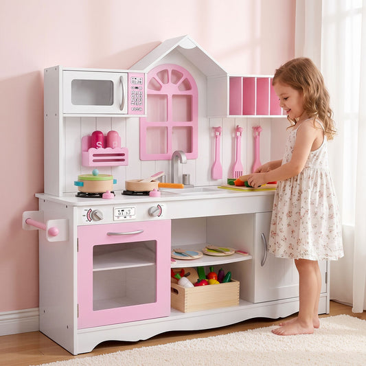 Keezi Wooden Kitchen Playset - Pink/White