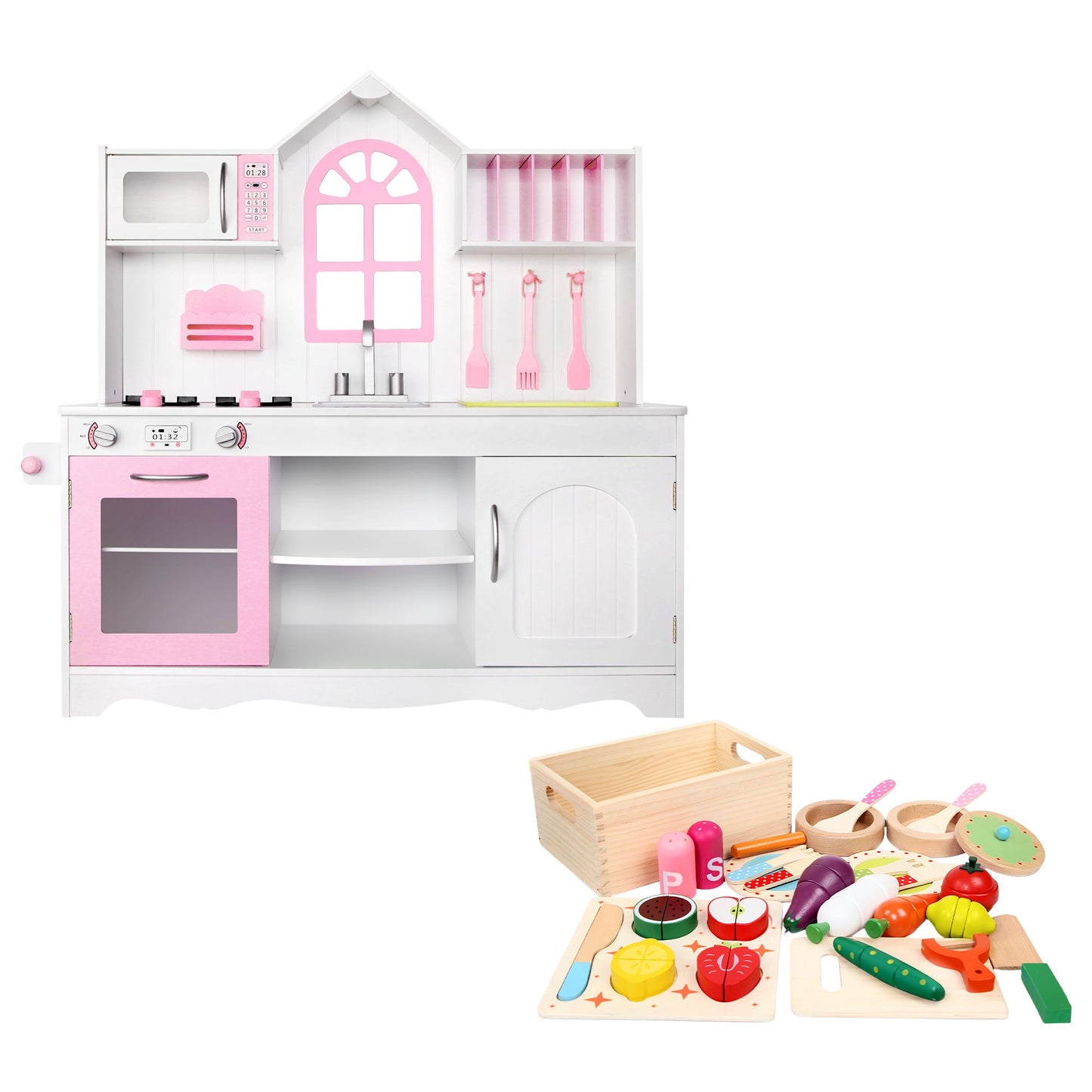 Keezi Wooden Kitchen Playset - Pink/White