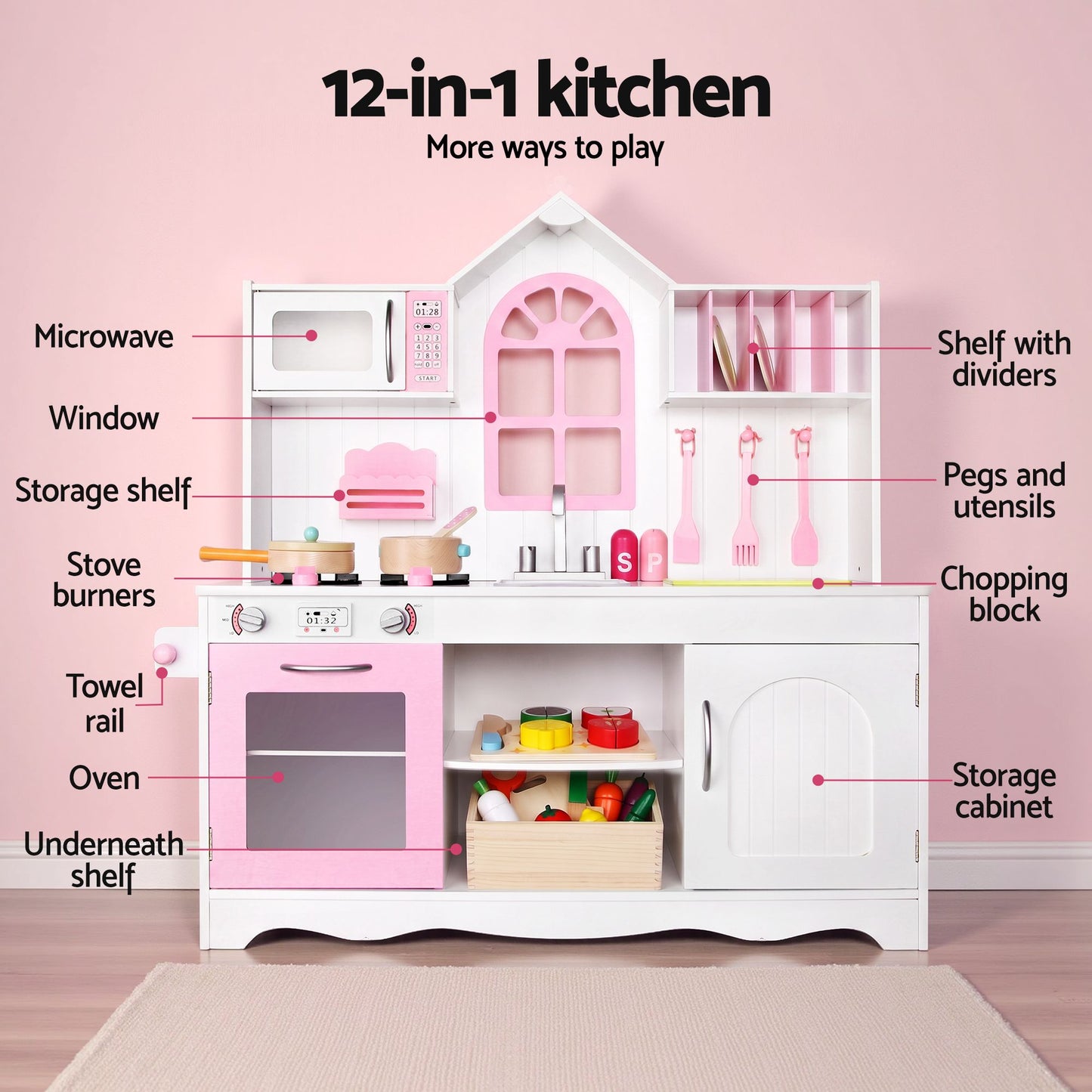 Keezi Wooden Kitchen Playset - Pink/White