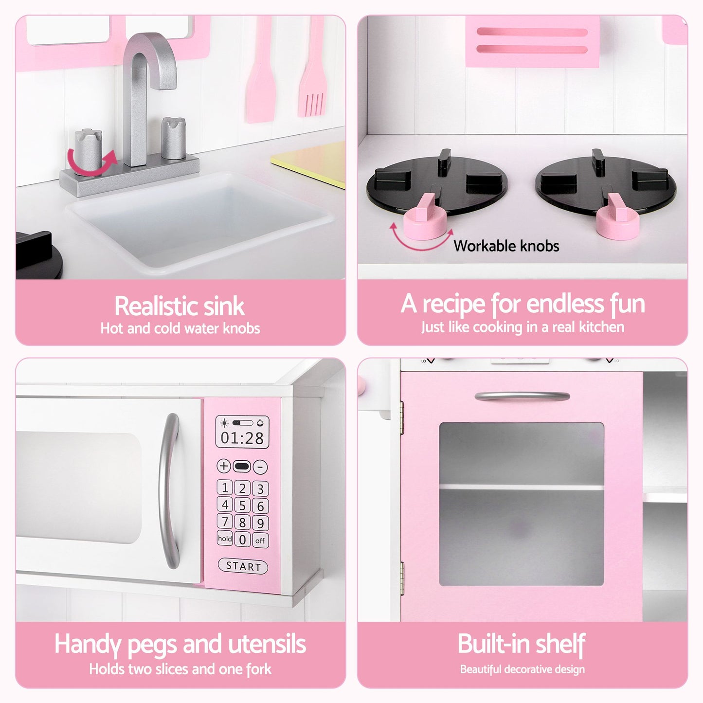 Keezi Wooden Kitchen Playset - Pink/White