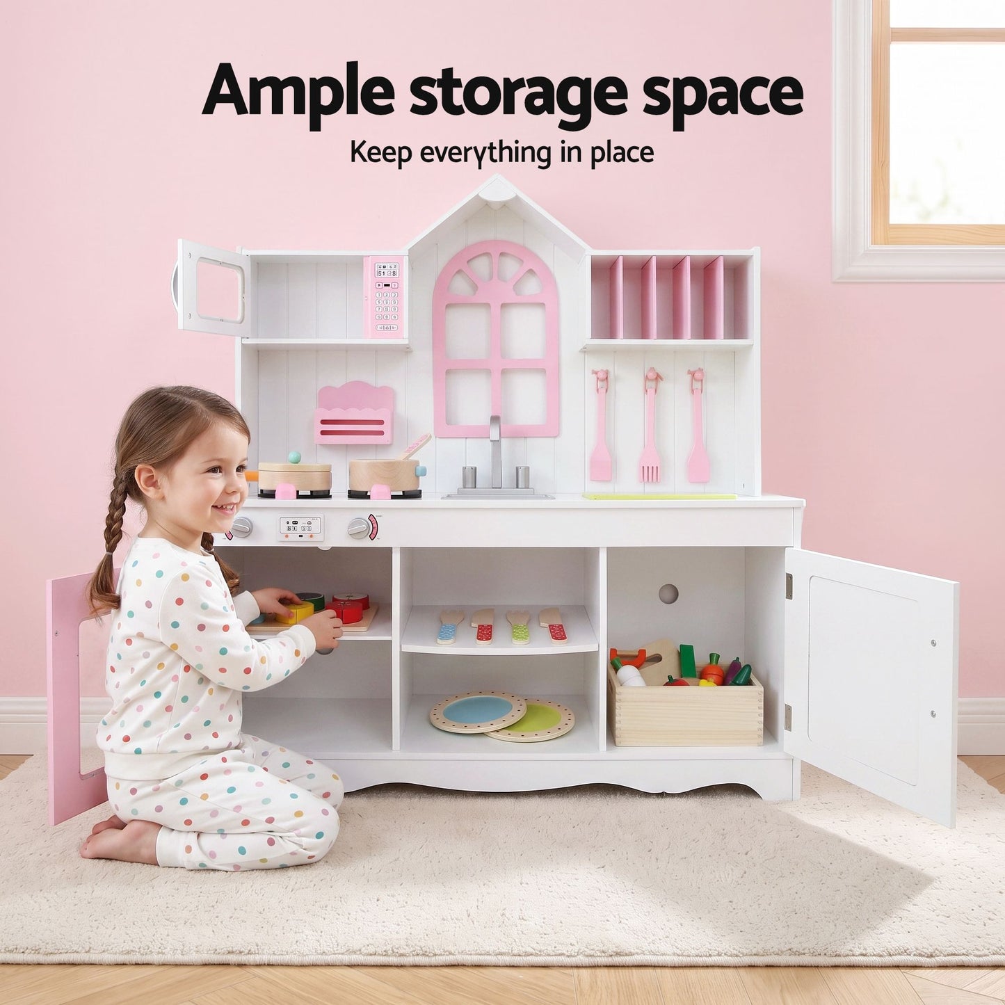 Keezi Wooden Kitchen Playset - Pink/White