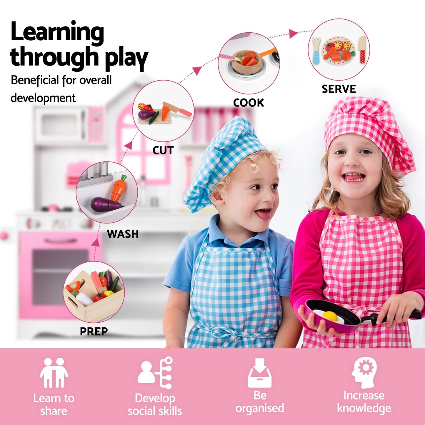 Keezi Wooden Kitchen Playset - Pink/White