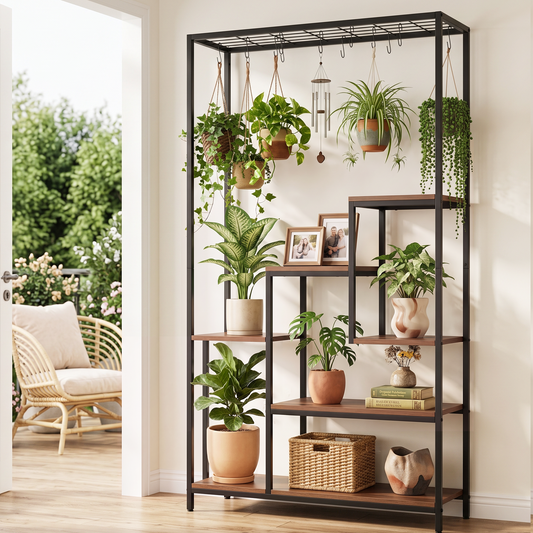 Artiss 6-Tier Plant Stand with Hanging Hooks – Metal & Wood