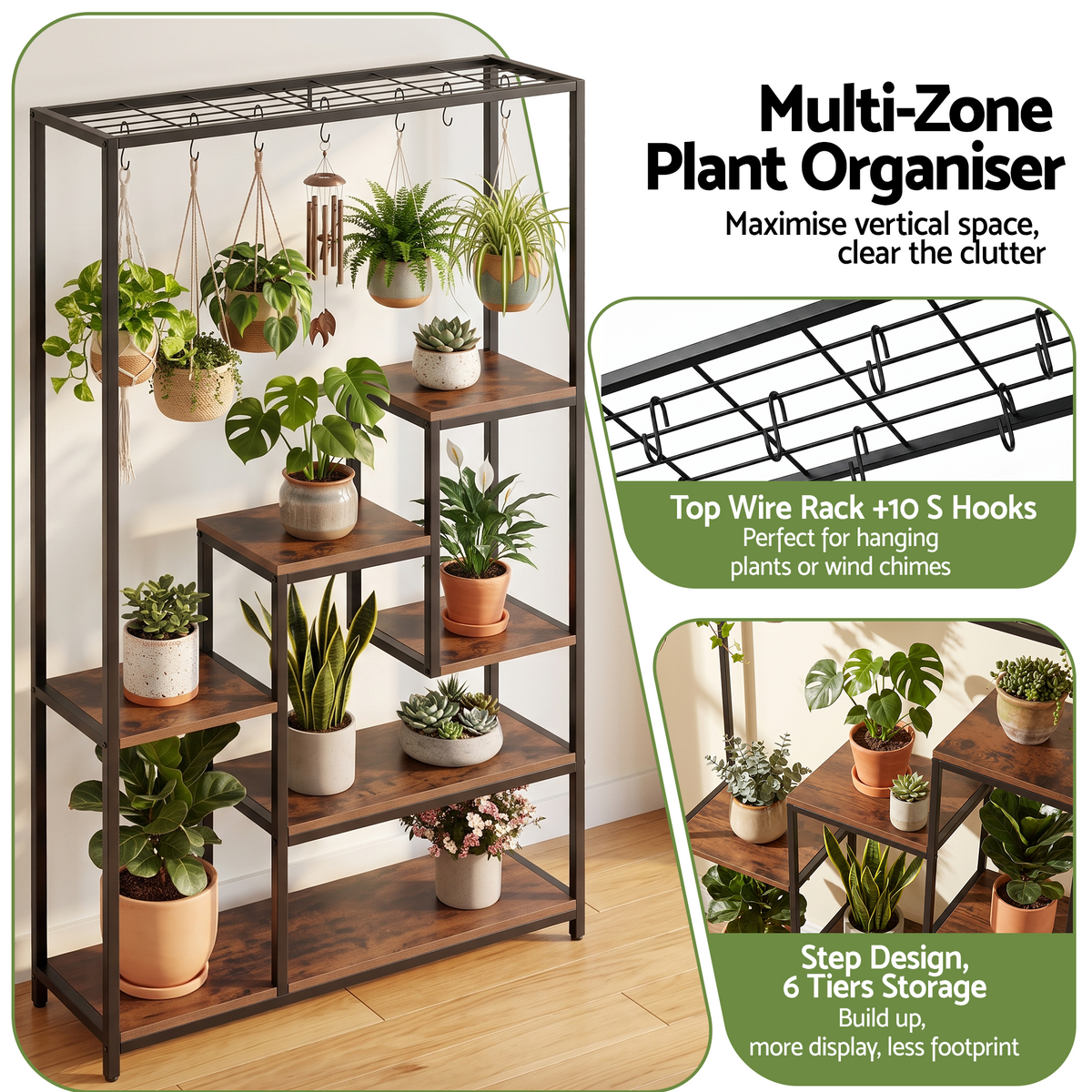 Artiss 6-Tier Plant Stand with Hanging Hooks – Metal & Wood