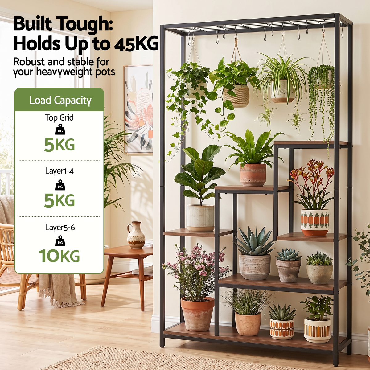 Artiss 6-Tier Plant Stand with Hanging Hooks – Metal & Wood