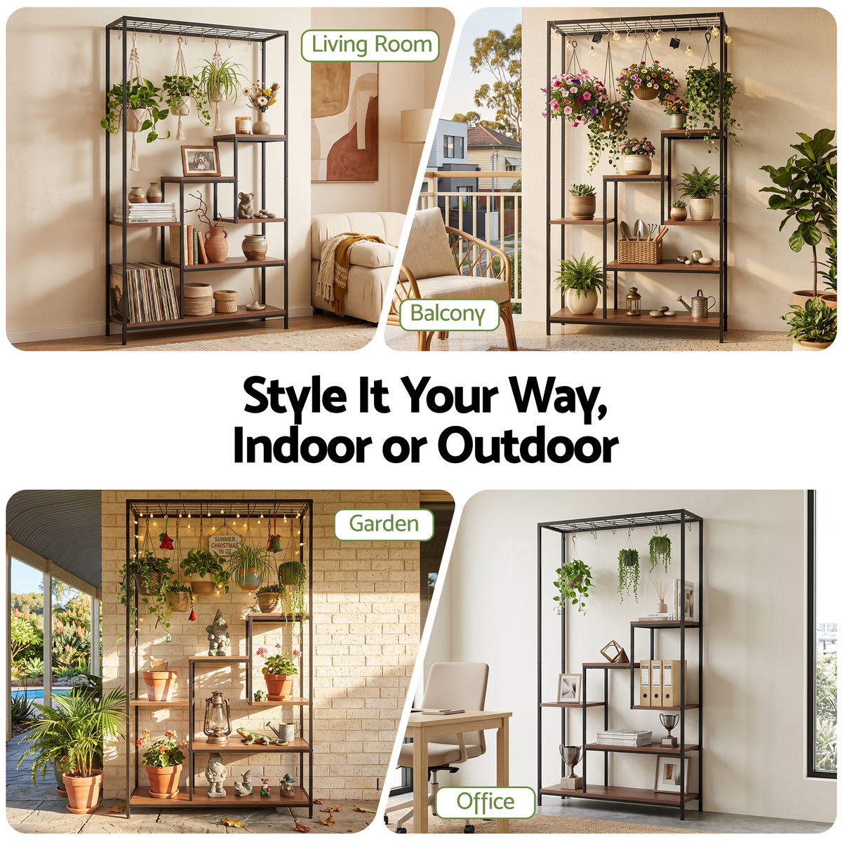 Artiss 6-Tier Plant Stand with Hanging Hooks – Metal & Wood