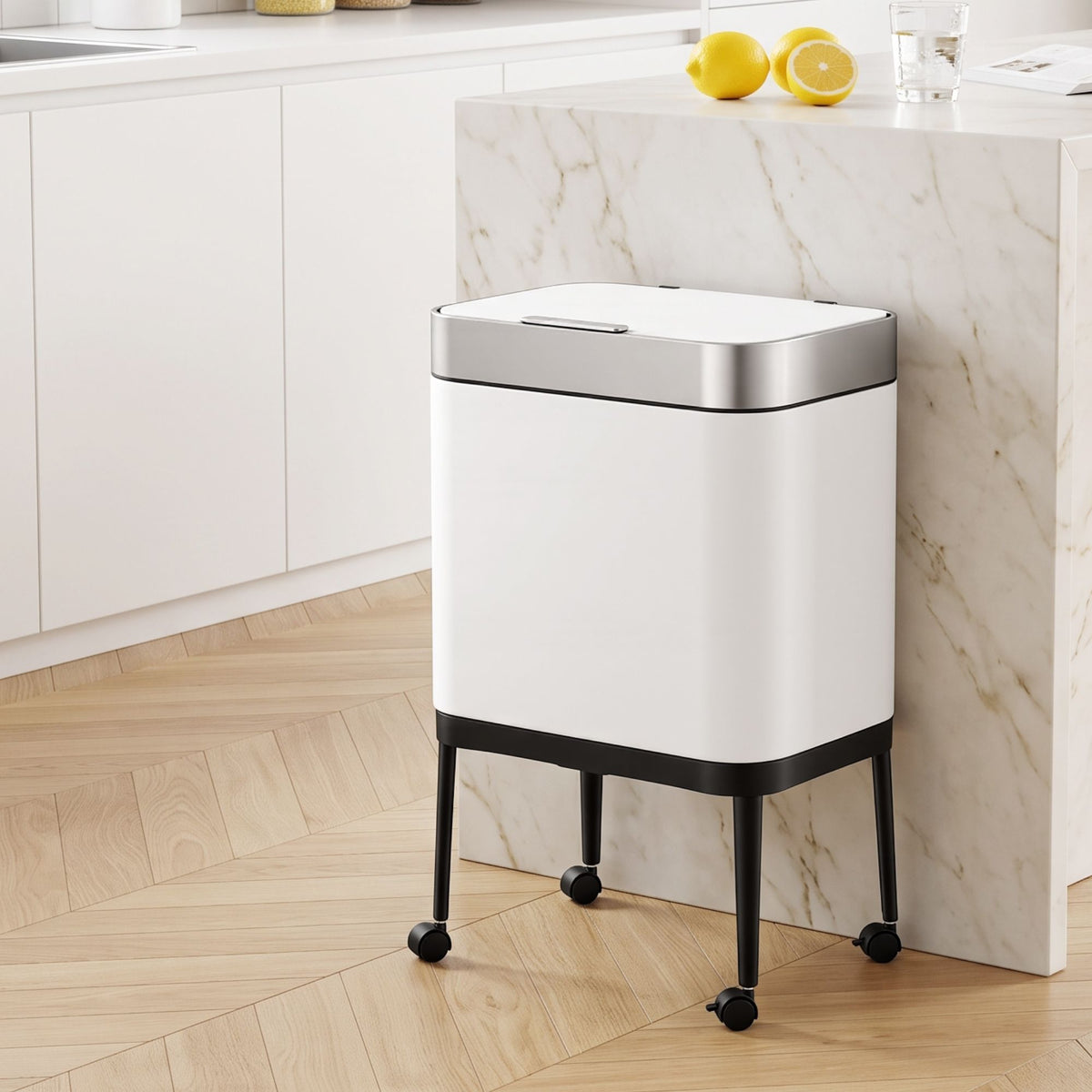 Cefito 40L Press Top Trash Can Kitchen Rubbish Bin Moblie Stainless Steel White