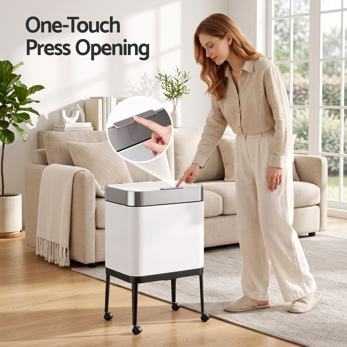 Cefito 40L Press Top Trash Can Kitchen Rubbish Bin Moblie Stainless Steel White