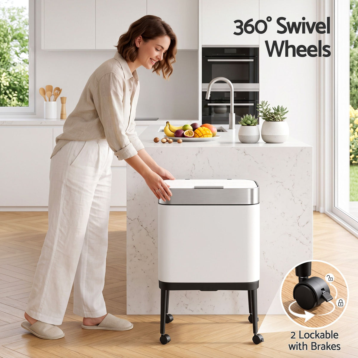 Cefito 40L Press Top Trash Can Kitchen Rubbish Bin Moblie Stainless Steel White
