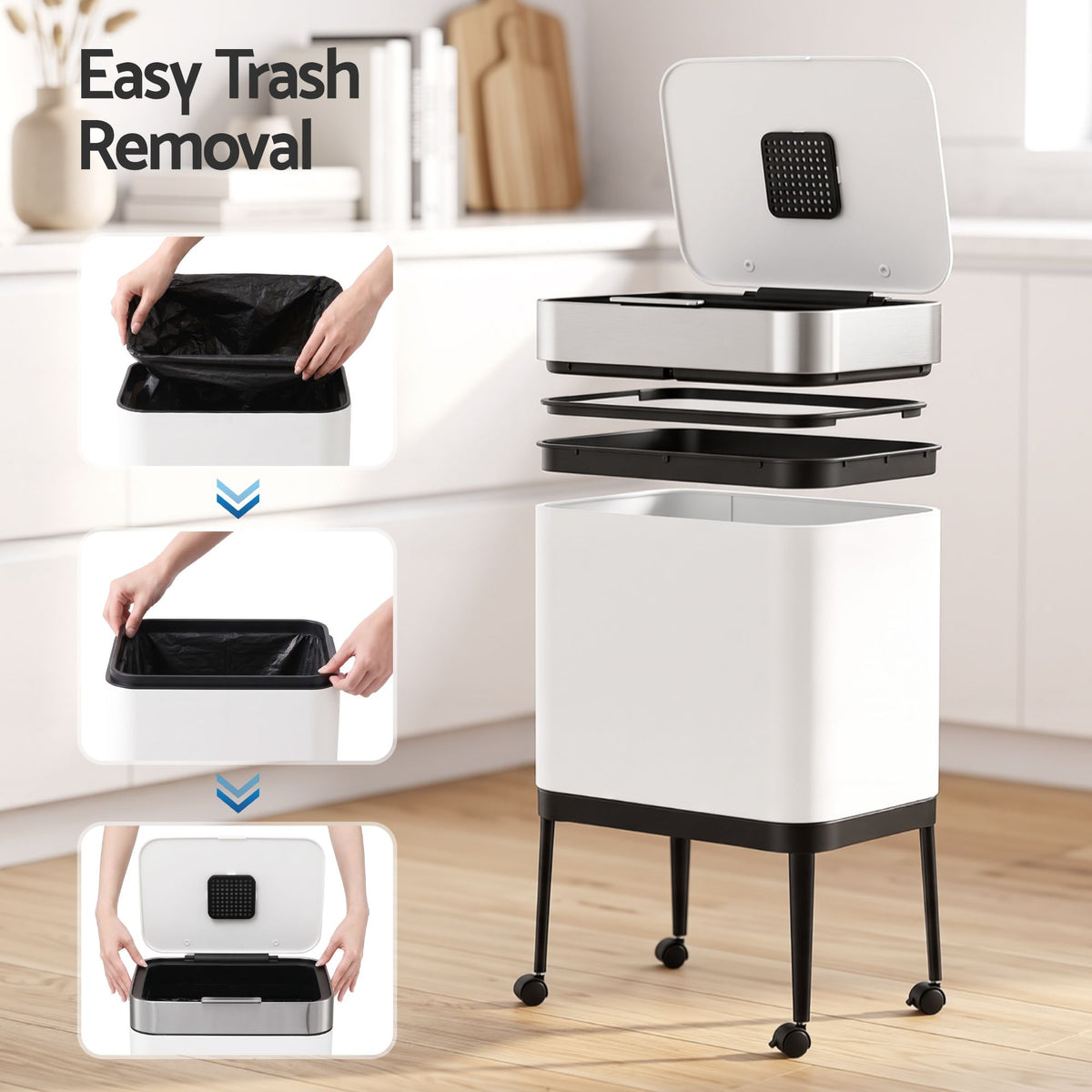 Cefito 40L Press Top Trash Can Kitchen Rubbish Bin Moblie Stainless Steel White