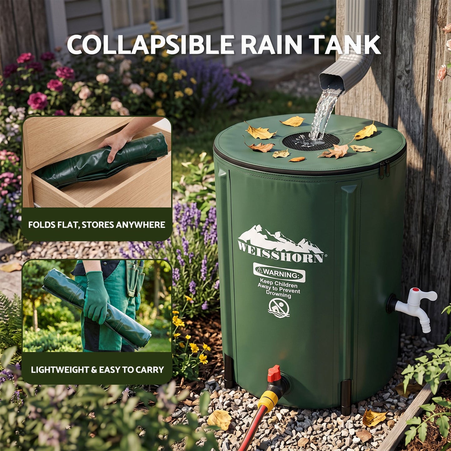 Weisshorn 50L/11gal Collapsible Rain Barrel PVC Water Tank Collection Storage for Garden Irrigation
