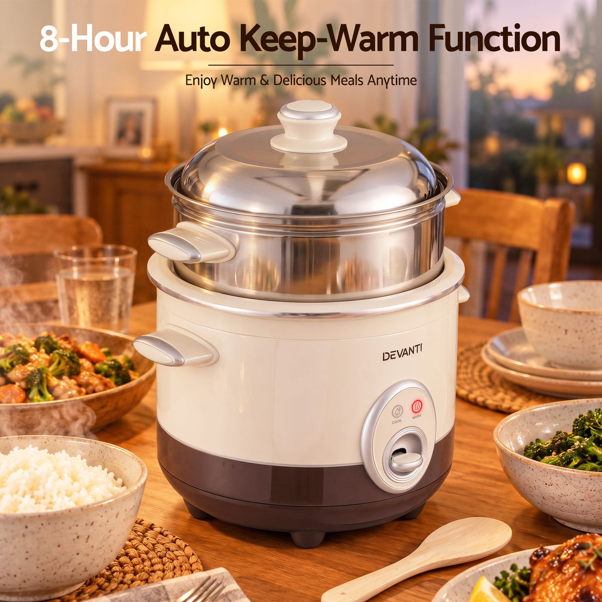 Devanti 3L Rice Cooker Small 6 Cup Multi Cooker with Steamer