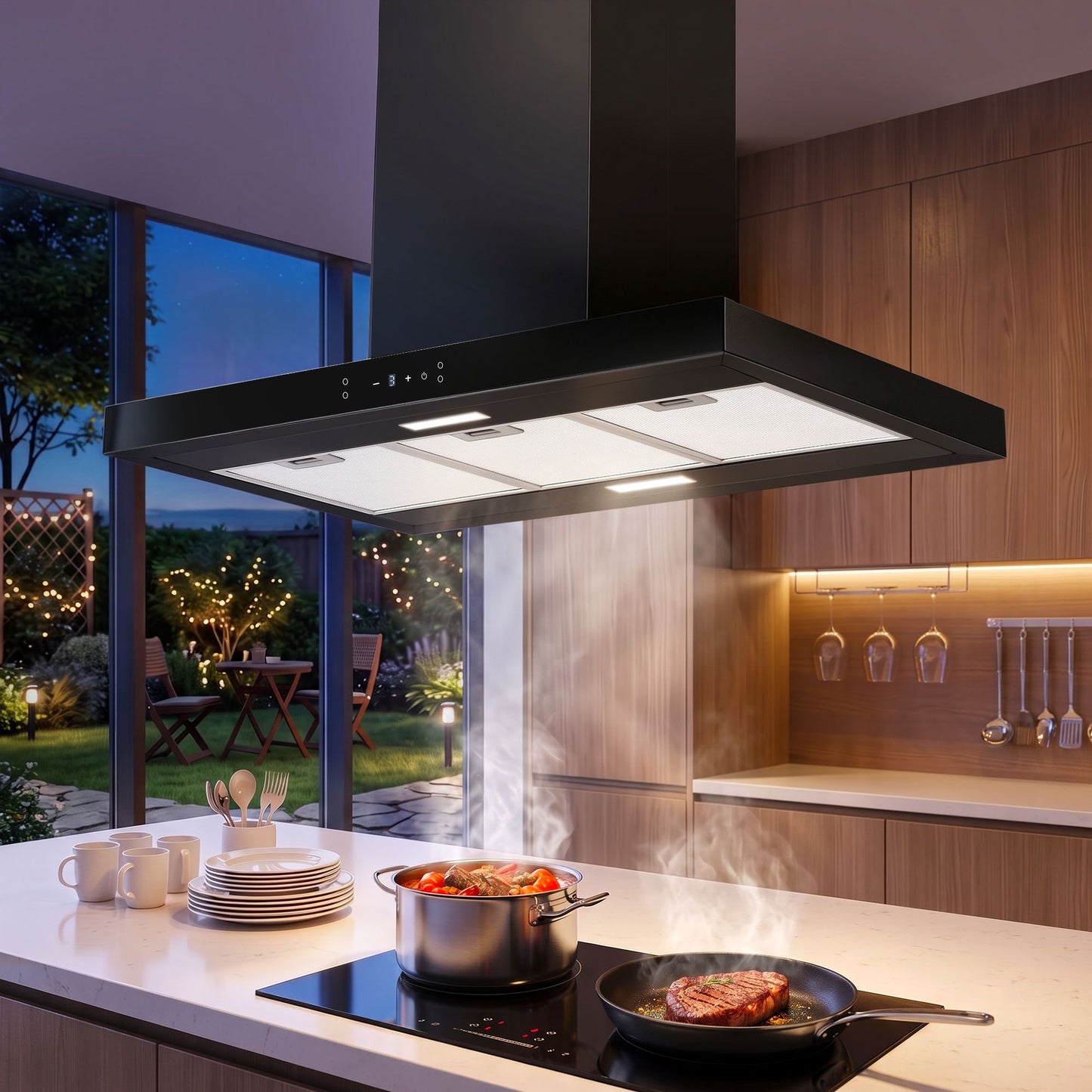 Devanti 90cm Island Rangehood Ceiling-Mounted 3-Speed Touch Control LED Black