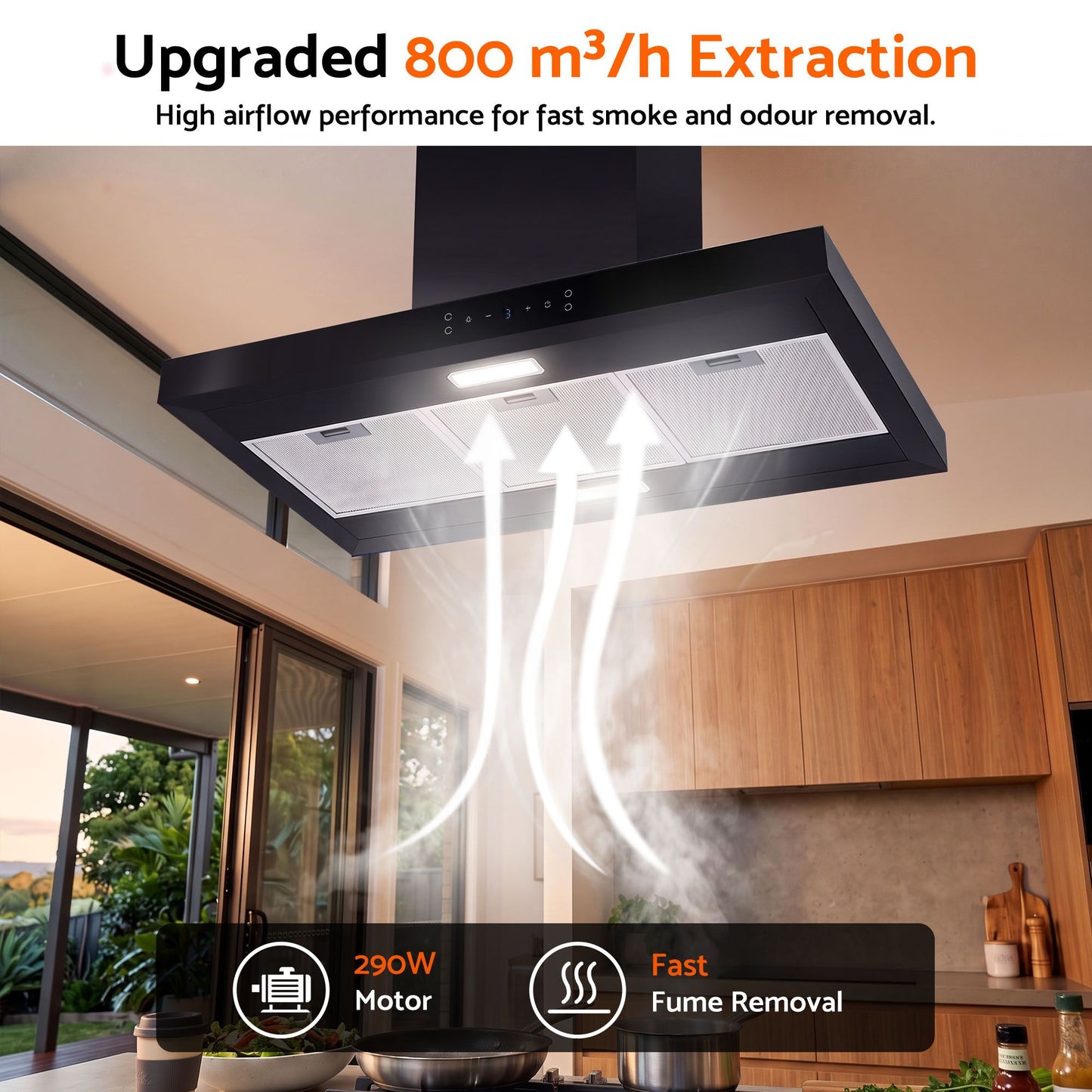 Devanti 90cm Island Rangehood Ceiling-Mounted 3-Speed Touch Control LED Black