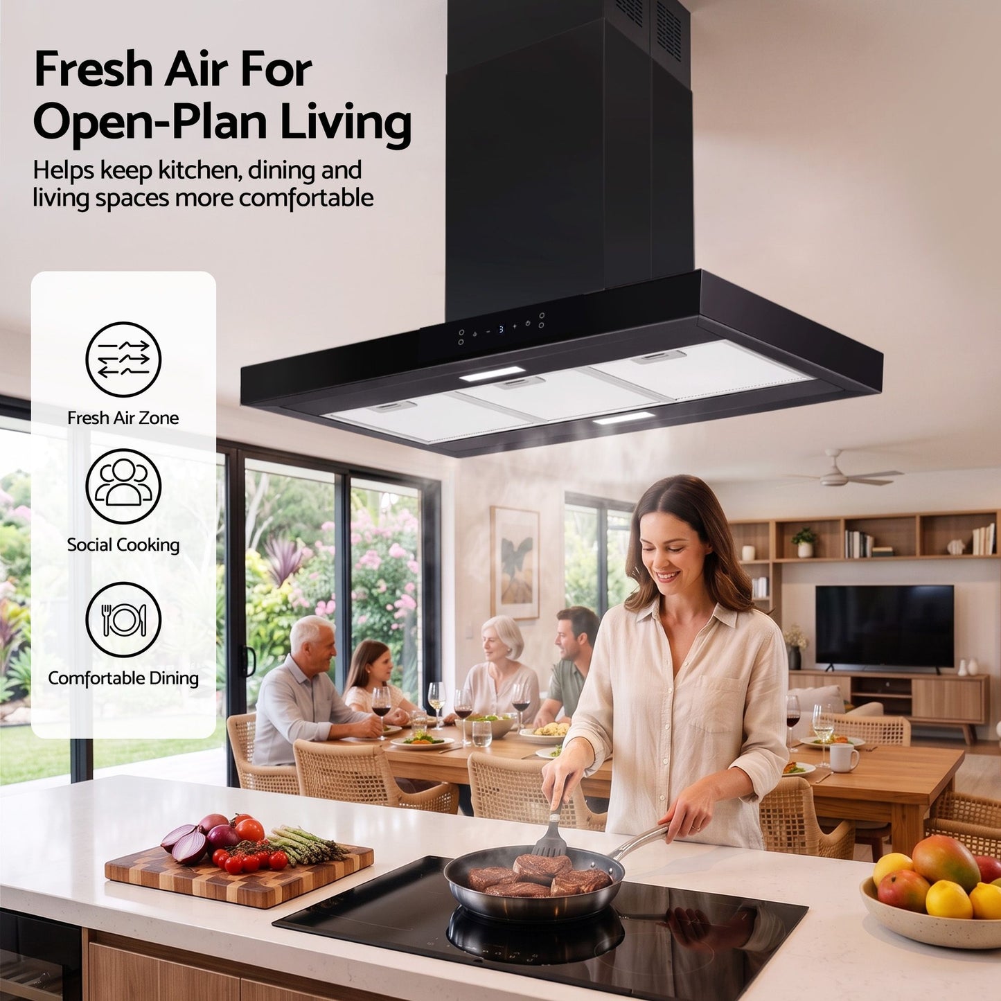 Devanti 90cm Island Rangehood Ceiling-Mounted 3-Speed Touch Control LED Black
