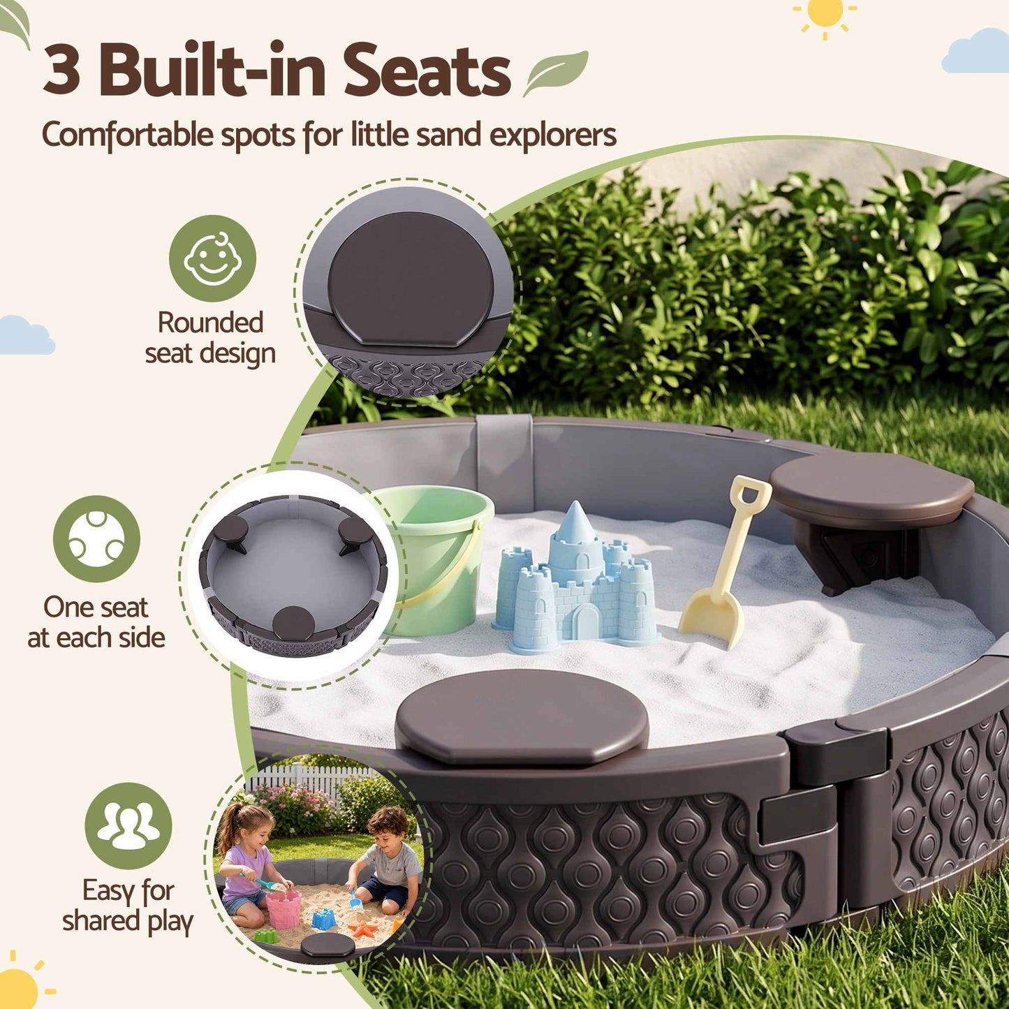Artiss Kids Sandpit Outdoor 121cm 3-Seats