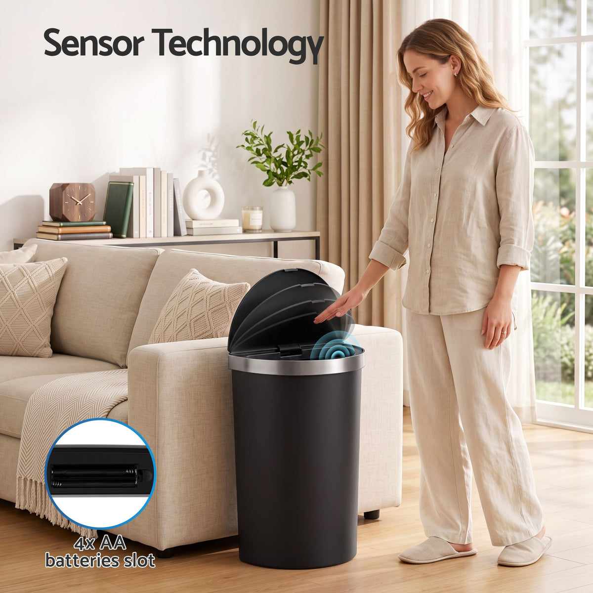 Devanti 50L Sensor Bin D-Shape Trash Can Kitchen Smart Rubbish Bin Black