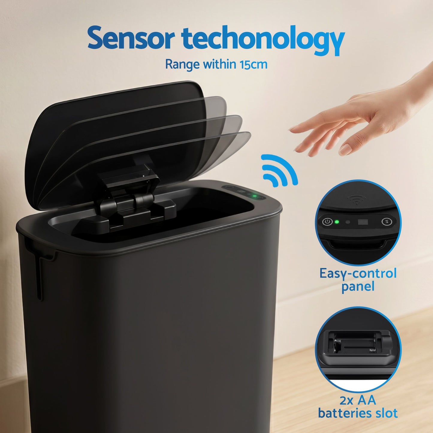 Devanti 2 Pack 11L Motion Sensor Bins - Black
