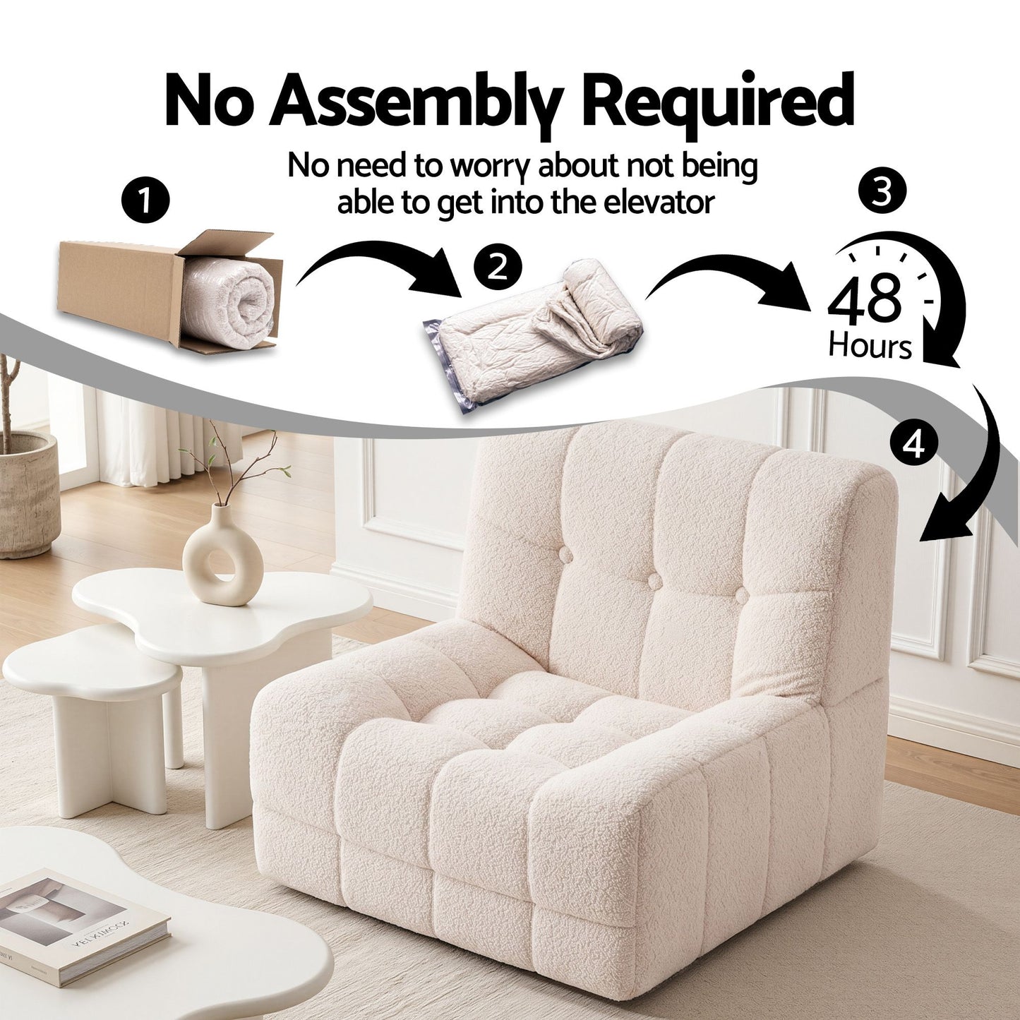 Artiss Single Boneless Fabric Sofa - White